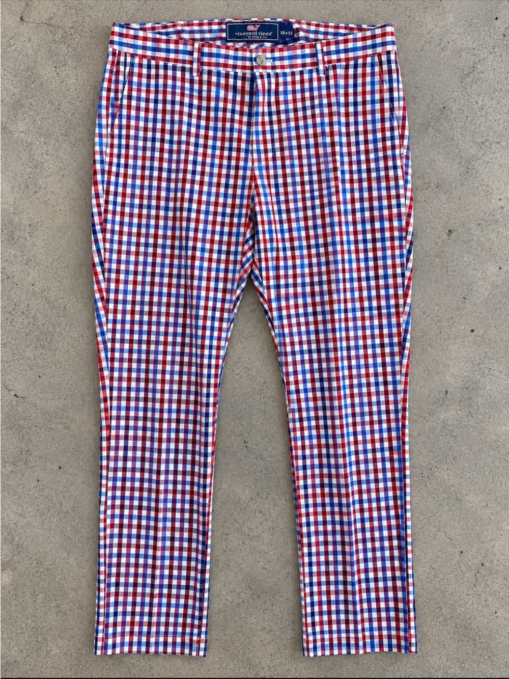 Vineyard Vines Slim Fit Breaker Pants Men 38x32 Red Blue Gingham Plaid Cotton